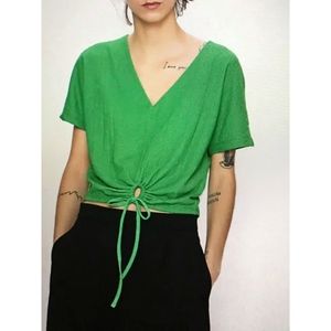 Zara Tie Front Short Sleeve Top Size Large Green